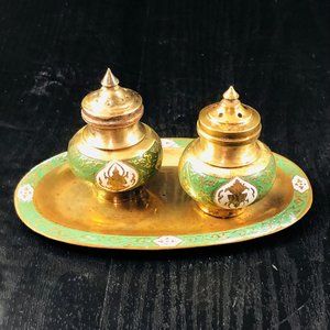Vintage Cloisonne Enameled Brass Salt & Pepper Shakers W/ Tray Buddhist Buddha